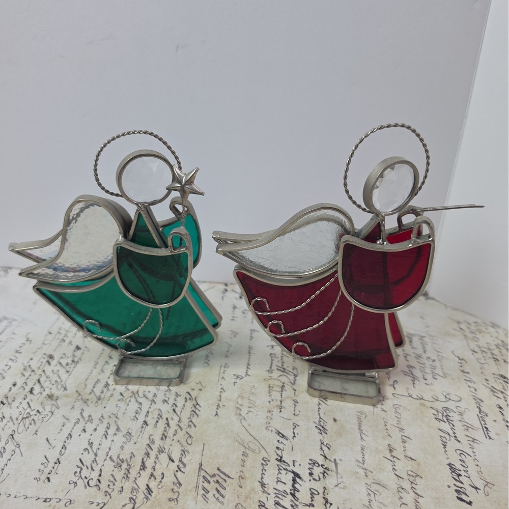 Vintage Stained Glass Angel Figurines Red Green Christmas Decor Set of 2